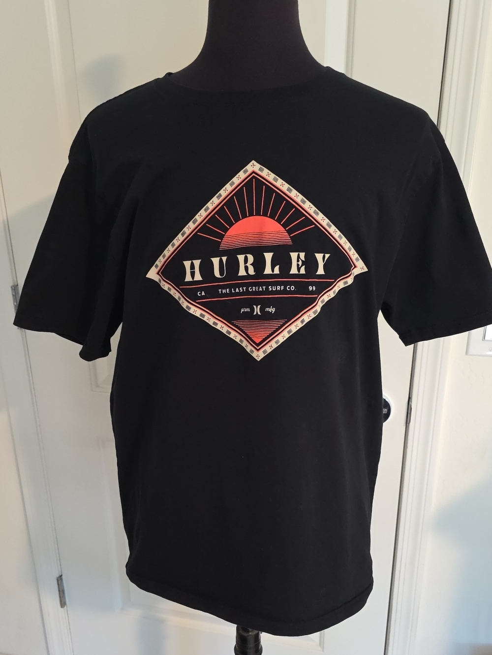 Hurley Black Tee with Red and Cream Sunset Diamond Logo